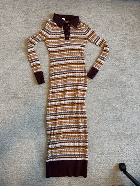 Reformation Striped Knit Polo Maxi Dress in Brown, Cream and Tan